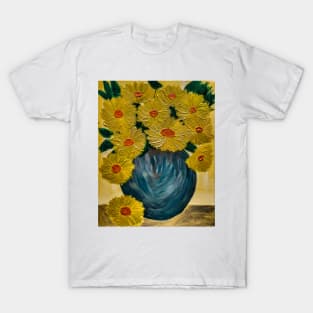 sunflowers came from a few layers of acrylic and neon paint and topped of with a layer of metallic paints. T-Shirt